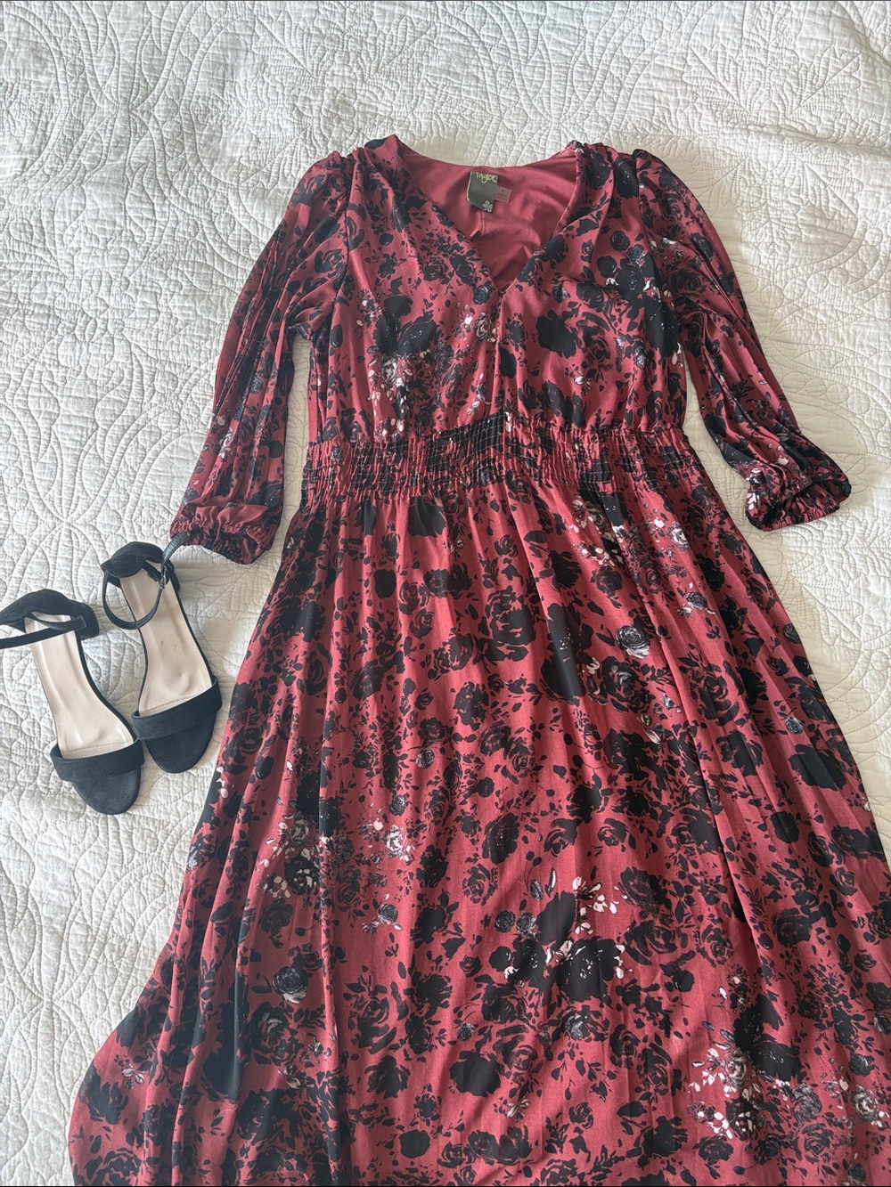Taylor Burgundy Floral V-Neck Midi Dress